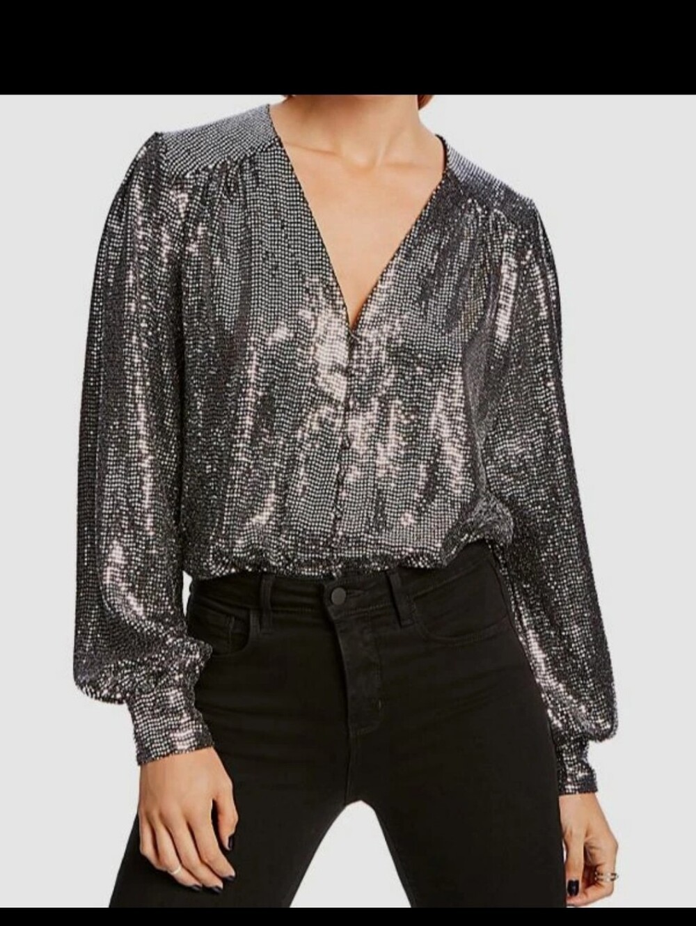 LINI Metallic Silver V-Neck Sequin Blouse